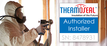 man spraying foam insulation with thermoseal authorized badge overlayed