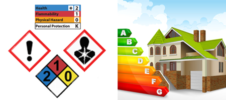 spray foam drum chemical warning hazard icons and house graphic with insulation grades a through g